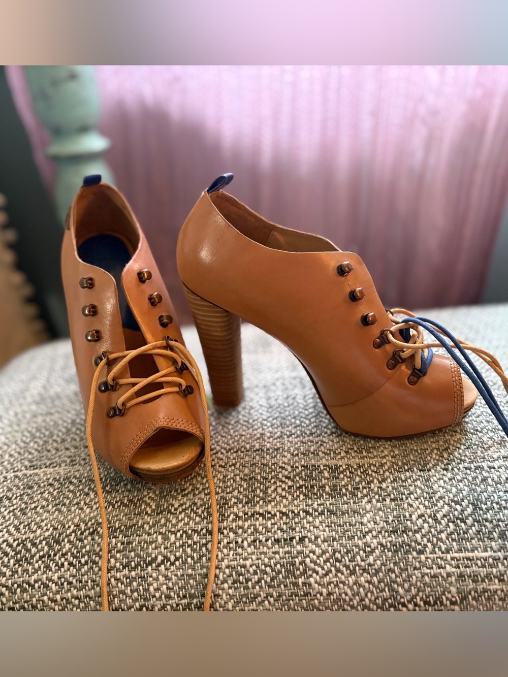 Diesel Tan Lace-Up Peep-Toe Platform Booties with Blue Laces - Picture 3 of 7